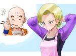  +++ 1boy 1girl :t ^_^ absurdres android_18 apron aqua_eyes blonde_hair blush border chopsticks closed_eyes closed_mouth commentary couple dragon_ball earrings eating eyelashes facing_viewer hairdressing hetero highres holding holding_chopsticks hoop_earrings imagining ishiyuki jewelry kuririn light_blue_background long_sleeves nose pink_apron purple_shirt shirt short_hair simple_background smile upper_body v-shaped_eyebrows white_border 