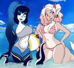 2015 anthro ball beach_ball bikini biped blue_body blue_hair blue_sky breasts cleavage clothed clothing cloud day digital_media_(artwork) duo ear_piercing eyebrows eyelashes facial_piercing female grey_clothing grey_swimwear hair hand_on_hip hand_on_own_hip horn inflatable lip_piercing long_hair navel one-piece_swimsuit one_eye_closed partially_submerged pattern_bikini pattern_clothing pattern_swimwear piercing pink_eyes pink_hair shaded shark_tail sharkini sky snakebite_piercing standing striped_bikini striped_clothing striped_swimwear stripes swimwear tan_body tentacles unknown_species water white_body white_hair yellow_eyes zyira