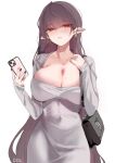  1girl absurdres artist_name bag black_hair breasts brown_hair cellphone cleavage collarbone covered_navel dolechan dongtan_dress dress earrings fingernails grey_dress handbag highres holding holding_bag holding_phone jewelry large_breasts long_hair looking_at_viewer meme_attire mole mole_on_breast nail_polish original phone pointy_ears red_eyes ring simple_background solo straight_hair taut_clothes taut_dress very_long_hair white_background 