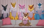 anthro black_body black_fur blue_body bottomwear brown_body brown_fur clothed clothing eevee eeveelution espeon female flareon fur furniture generation_1_pokemon generation_2_pokemon group gynomorph hi_res il&#039;ka inside intersex jolteon looking_at_another looking_at_viewer meme monotone_body monotone_fur nintendo pants pillow pink_body pink_fur piper_perri_surrounded pokemon pokemon_(species) red_body red_fur shirt smile smiling_at_viewer sofa t-shirt tail topwear umbreon vaporeon yellow_body yellow_fur