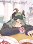  1girl ahoge black_hoodie blurry blurry_background blurry_foreground blush brown_horns character_doll commentary_request couch curled_horns curry food fork fruit green_hair heterochromia highres hood hood_down hoodie horns indoors juice_box long_sleeves looking_at_viewer low_twintails mask mask_on_head medium_bangs medium_hair mirror nanashi_inc. open_mouth pingu pingu_(series) pink_nails plant plate sekishiro_mico sleep_mask solo strawberry table twintails upper_body vines virtual_youtuber yellow_eyes yunagi_teguru 