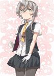  1girl @_@ asymmetrical_hair black_pantyhose black_skirt black_vest blush buttons closed_mouth collared_shirt cowboy_shot grey_hair grey_shirt hair_between_eyes highres kanmiya_shinobu kantai_collection long_hair looking_at_viewer necktie nowaki_(kancolle) pantyhose pleated_skirt shirt short_sleeves skirt solo vest white_shirt yellow_necktie 