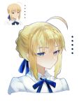  ... 1girl absurdres ahoge artoria_pendragon_(fate) blonde_hair blue_eyes blue_ribbon close-up closed_mouth collared_shirt commentary eyelashes fate_(series) frown hair_between_eyes hair_bun hair_ribbon highres jitome light_blush long_hair looking_at_viewer neck_ribbon nigiri photo-referenced ribbon saber_(fate) shirt short_hair sidelocks simple_background single_hair_bun solo white_background white_shirt 