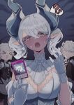  &gt;o&lt; 3girls ? absurdres arianna_the_labrynth_servant arianne_the_labrynth_servant breasts c_civciv card cleavage demon_girl demon_horns demon_wings dress duel_monster gloves grey_eyes grey_hair highres holding holding_card horns large_breasts lovely_labrynth_of_the_silver_castle maid_headdress multiple_girls open_mouth pointy_ears spoken_question_mark twintails white_background white_gloves wings yu-gi-oh! 