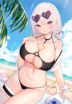  &gt;_&lt; 1girl :o ahoge arm_support ass_visible_through_thighs azur_lane bare_shoulders beach beach_towel between_breasts bikini black_bikini blue_sky blush bow breasts cisyo cleavage cloud collarbone commentary_request commission creature day eyewear_on_head heart heart-shaped_eyewear heart_ahoge heart_in_eye highres large_breasts long_hair looking_at_viewer motion_lines navel o-ring o-ring_bikini ocean off_shoulder official_alternate_costume outdoors parted_lips pink-framed_eyewear red_bow red_eyes scrunchie see-through silver_hair sirius_(azur_lane) sirius_(scorching-hot_seirios)_(azur_lane) sitting skeb_commission sky stomach sunglasses swimsuit symbol_in_eye thigh_gap towel wrist_scrunchie 