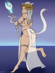 animal_humanoid bodypaint breasts butt cat_ears_(disambiguation) clothing face_paint female fur genitals hashdrawingslasher hi_res humanoid jewelry looking_back miqote mostly_nude pussy solo staff thick_thighs translucent translucent_clothing white_body white_fur