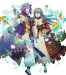  1boy 1girl aqua_hair basket bottle breasts cape chalice circlet closed_mouth cup dress eirika_(fire_emblem) eirika_(valentine)_(fire_emblem) fire_emblem fire_emblem:_the_sacred_stones fire_emblem_heroes flower_wreath head_wreath highres holding holding_basket holding_bottle juliet_sleeves long_sleeves lyon_(fire_emblem) lyon_(valentine)_(fire_emblem) medium_breasts medium_hair non-web_source official_alternate_costume official_art open_mouth puffy_sleeves purple_cape purple_hair purple_robe red_dress robe short_hair smile wine_bottle 