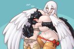  2girls :t areolae ass bangs bird_legs bird_tail black_feathers black_hair black_wings blue_background blush breasts closed_eyes commentary dark_souls_(series) dark_souls_iii english_commentary eyebrows_visible_through_hair feathered_wings feathers goose_(untitled_goose_game) hair_between_eyes harpy headpat hug huge_breasts limebreaker long_hair monster_girl multiple_girls navel nude personification pickle_pee_pump-a-rum_crow rags red_ribbon ribbon short_hair simple_background small_breasts tail underboob untitled_goose_game white_feathers white_hair white_wings winged_arms wings yuri 