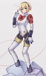  1girl aegis_(persona) arm_up artist_name blonde_hair blue_eyes bow bowtie commentary english_commentary full_body hairband highres joints looking_at_viewer none1504 persona persona_3 persona_3_reload photo-referenced red_bow red_bowtie robot_girl robot_joints short_hair smoke solo standing 