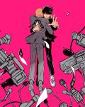  2boys black_jacket black_pants cable camera floating full_body gakuran grey_jacket grey_pants hair_over_one_eye hug jacket kageyama_shigeo long_sleeves looking_at_viewer male_focus microphone mob_psycho_100 multiple_boys one_eye_covered outstretched_arm pants partially_colored pink_background pom_takoyaki protecting reaching reaching_towards_viewer reigen_arataka school_uniform shoe_soles shoes short_hair simple_background sneakers white_footwear 