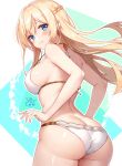  1girl alice_gear_aegis ass back bikini blonde_hair blue_eyes blush braid breasts closed_mouth commentary_request covered_nipples from_behind gold_trim highres kakerayuri large_breasts long_hair looking_at_viewer looking_back merabuchi_kanami sideboob signature skindentation smile solo swimsuit white_bikini 