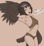  1girl bangs bare_shoulders bird_tail black_feathers black_hair black_wings brown_background dark_souls_(series) dark_souls_iii feathered_wings feathers harpy midriff monster_girl nfwar open_mouth personification pickle_pee_pump-a-rum_crow rags shirt short_hair simple_background single-shoulder_shirt solo speech_bubble tail tail_feathers winged_arms wings yellow_eyes 