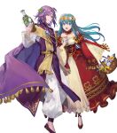  1boy 1girl aqua_hair basket bottle breasts cape chalice circlet cup dress eirika_(fire_emblem) eirika_(valentine)_(fire_emblem) fire_emblem fire_emblem:_the_sacred_stones fire_emblem_heroes flower_wreath head_wreath highres holding holding_basket holding_bottle juliet_sleeves long_sleeves lyon_(fire_emblem) lyon_(valentine)_(fire_emblem) medium_breasts medium_hair non-web_source official_alternate_costume official_art open_mouth puffy_sleeves purple_cape purple_hair purple_robe red_dress robe short_hair smile wine_bottle 