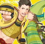  2boys abs armor bara black_gloves black_hair brown_eyes brown_hair chest_armor clenched_hands fingerless_gloves gloves hat hood hood_down japanese_armor jigoku_meguri male_focus mouri_motonari_(sengoku_basara) multiple_boys muscular muscular_male navel open_clothes sengoku_basara tokugawa_ieyasu_(sengoku_basara) translation_request 