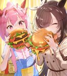  animal_ears blush bow brown_hair burger commentary_request ear_covers eating food hair_over_one_eye hairband haru_urara_(umamusume) headband holding holding_food horse_ears horse_girl long_hair long_sleeves pink_eyes pink_hair ponytail purple_eyes rice_shower_(umamusume) solo umamusume yomean! 