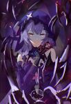  1girl black_gloves black_swan_(honkai:_star_rail) card commentary_request elbow_gloves gloves hewaje highres holding holding_card honkai:_star_rail honkai_(series) long_hair looking_at_viewer purple_hair smile solo upper_body veil yellow_eyes 