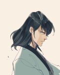  1boy black_eyes black_hair closed_mouth commentary_request from_side grey_background halorane ishikawa_goemon_xiii japanese_clothes kimono long_hair long_sleeves looking_at_viewer lupin_iii male_focus simple_background solo upper_body white_kimono 