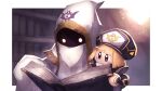  1boy 1girl absurdres bangs black_hair black_headwear blonde_hair blunt_bangs blush book bookshelf border brown_eyes cloak commentary_request father_and_daughter glowing glowing_eyes gold_trim height_difference highres hood hooded_cloak hyness indoors kirby:_star_allies kirby_(series) library looking_at_another pages reading shiburingaru short_hair sleeves_past_fingers sleeves_past_wrists white_border white_hood yellow_eyes zan_partizanne 