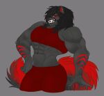 abs absurd_res alexzandr_sokolov anthro aviboonika biceps black_body black_fur black_hair bottomwear bra broad_shoulders canid canine canis clothing female fur gym_bottomwear gym_clothing gym_shorts hair hand_on_hip hi_res mammal markings muscular muscular_female red_ears red_eyes red_markings red_tail shorts solo sports_bra tail teeth underwear wolf