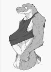 anthro balls biceps clothing connivingrat crocodilian erection genitals helm_(connivingrat) hi_res humanoid male penis reptile scalie shirt solo tank_top teeth topwear triceps