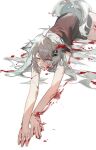  1girl absurdres animal_ears arknights blood blood_in_hair blood_on_clothes blood_on_face blood_on_hands blood_splatter blue_eyes commentary_request grey_hair highres lappland_(arknights) long_hair looking_ahead lying on_stomach one_eye_closed outstretched_arms parted_lips rui_(woyoudabing_rui) scar scar_across_eye simple_background solo tail v-shaped_eyebrows variant_set white_background wolf_ears wolf_tail 