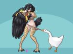  1girl animal assisted_exposure bangs bare_shoulders beer_mug bell bird bird_legs bird_tail black_hair black_wings blue_background blue_eyes blush cowbell cup dark_souls_(series) dark_souls_iii embarrassed english_commentary eyebrows_visible_through_hair feathered_wings feathers flying_sweatdrops gem goose goose_(untitled_goose_game) hair_between_eyes harpy holding holding_cup limebreaker midriff monster_girl mug open_mouth panties panty_pull personification pickle_pee_pump-a-rum_crow pulled_by_another rags short_hair simple_background tail talons tankard underwear untitled_goose_game winged_arms wings 