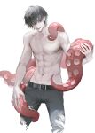  1boy abs absurdres at_wang belt black_hair chainsaw_man chinese_commentary collarbone cowboy_shot ear_piercing grey_pants hair_over_eyes hand_up highres looking_at_viewer male_focus mole mole_under_mouth navel nipples one_eye_covered pants parted_lips piercing short_hair smile solo tentacles topless_male torn_clothes torn_pants white_background yoshida_hirofumi 