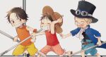 &gt;_&lt; 3boys ascot belt black_hair black_headwear blonde_hair blue_coat blue_shorts child coat commentary_request elbow_pads goggles goggles_on_headwear hand_on_headwear hat holding looking_at_another male_focus monkey_d._luffy multiple_boys nekochanko1 one_piece orange_shirt orange_shorts portgas_d._ace red_shirt running sabo_(one_piece) scar scar_on_face shirt short_hair shorts simple_background smile straw_hat top_hat white_ascot white_background yellow_shorts 