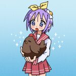  1girl absurdres animal bird blue_background blue_eyes blush chicken commentary cowboy_shot cryptidhermit egg_hair_ornament english_commentary food-themed_hair_ornament gradient_background hair_ornament hairband highres hiiragi_tsukasa holding holding_animal long_sleeves lucky_star pleated_skirt purple_hair red_sailor_collar red_skirt sailor_collar school_uniform short_hair skirt solo sparkle yellow_hairband 