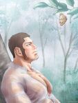  1boy bara beard black_hair blush branch bug butterfly buzz_cut chest_hair covered_nipples facial_hair from_side golden_kamuy large_pectorals long_sideburns looking_up male_focus mature_male muscular muscular_male nopinzo pectoral_cleavage pectorals rain scar scar_on_cheek scar_on_face see-through shirt short_hair sideburns smile solo tanigaki_genjirou thick_eyebrows upper_body very_short_hair wet wet_clothes wet_shirt white_shirt yellow_butterfly 