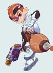  1boy black_hairband brown_pants closed_mouth commentary_request fingerless_gloves full_body gloves grey_background gun hairband highres holding holding_gun holding_weapon jacket male_focus mohawk nastar_r0 octoling_boy octoling_player_character orange_eyes orange_hair pants rapid_blaster_(splatoon) shoes short_hair simple_background solo splatoon_(series) splatoon_3 sticker tentacle_hair thick_eyebrows torpedo_(splatoon) weapon white_footwear white_gloves white_jacket 