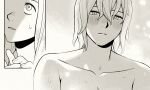  2girls blush close-up closed_mouth collarbone dungeon_meshi eyelashes falin_thorden hair_between_eyes long_hair looking_at_viewer looking_down looking_up mahittah marcille_donato monochrome multiple_girls nude parted_lips scene_reference short_hair solo_focus wet wet_hair 