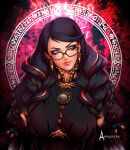  1girl arvalileth bayonetta bayonetta_(series) bayonetta_3 black_hair braid clothing_cutout commentary earrings english_commentary eyeshadow glasses gloves highres jewelry lipstick long_hair looking_at_viewer makeup mole mole_under_mouth multicolored_hair red_hair ribbon simple_background smile solo streaked_hair twin_braids weapon 