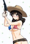  1girl american_flag_bikini belle_(girls_und_panzer) bikini black_neckerchief blush breasts brown_eyes brown_hair cowboy_shot flag_print girls_und_panzer gloves groin gun hat large_breasts leather_belt long_hair looking_at_viewer navel neckerchief oosaka_kanagawa revolver skindentation solo straw_hat swimsuit weapon weapon_request white_background white_gloves 