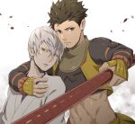  2boys abs closed_mouth dougi grey_hair holding holding_weapon ishida_mitsunari_(sengoku_basara) jigoku_meguri looking_at_viewer male_focus multiple_boys navel petals sengoku_basara short_hair simple_background tokugawa_ieyasu_(sengoku_basara) toned toned_male weapon 