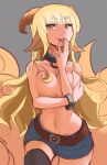  1girl animal_ears belt black_legwear blonde_hair blue_shorts breasts brown_belt cleavage collar covering covering_breasts cowboy_shot eyebrows_visible_through_hair fox_tail goat_ears goat_horns grey_background horns large_breasts licking licking_finger long_hair looking_at_viewer metal_collar multiple_tails navel niseoto original short_shorts shorts simple_background smile solo tail thighhighs tongue tongue_out topless yellow_eyes 