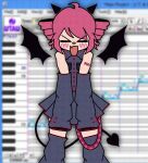  &gt;_&lt; 1girl absurdres ahoge black_shirt black_skirt black_thighhighs black_wings blurry blurry_background blush closed_eyes collared_shirt cowboy_shot cryptidhermit demon_horns demon_tail demon_wings detached_sleeves detached_wings drill_hair facing_viewer fang highres horns icon_(computing) instrument kasane_teto keyboard_(instrument) red_hair shirt shoulder_tattoo skin_fang skirt sleeves_past_fingers sleeves_past_wrists solo tail tattoo thighhighs twin_drills utau window_(computing) wings 