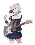  1girl :o absurdres adjusting_hair black_skirt black_vest cevio collared_shirt cropped_legs electric_guitar grey_sweater guitar hair_bun hairband hands_up highres holding holding_hairband instrument koharu_rikka long_sleeves minatsuki_(m1natsuk1) parted_lips pleated_skirt purple_hair red_eyes school_uniform shirt short_hair sidelocks simple_background single_hair_bun skirt solo strap sweater synthesizer_v vest white_background white_shirt 