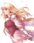  1girl armor blonde_hair blue_eyes breasts cape earrings elbow_gloves fire_emblem fire_emblem:_genealogy_of_the_holy_war floating_hair from_side gloves jewelry lachesis_(fire_emblem) leaning_forward lips long_hair looking_at_viewer open_mouth parted_lips petals shoulder_armor simple_background skirt solo upper_body usachu_now white_background white_cape wind 