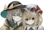  2girls :d absurdres amagi_xx bangs black_headwear blonde_hair bow closed_mouth expressionless eyebrows_visible_through_hair flandre_scarlet frilled_shirt_collar frills hair_between_eyes happy hat hat_bow highres komeiji_koishi light_blush light_green_hair multiple_girls open_mouth red_eyes red_vest shirt short_hair simple_background smile touhou upper_body vest white_background yellow_bow yellow_shirt 