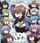  &gt;_&lt; 6+girls arm_up bangs black_hair black_sailor_collar black_serafuku black_skirt blonde_hair blue_hair blush brown_eyes brown_hair clenched_hand closed_eyes commentary confetti crescent crescent_hair_ornament emphasis_lines eyebrows_visible_through_hair fumizuki_(kancolle) glasses green_eyes green_hair hair_ornament jaggy_line kaeruyama_yoshitaka kantai_collection kikuzuki_(kancolle) kisaragi_(kancolle) long_hair long_sleeves low_twintails lowres mikazuki_(kancolle) minazuki_(kancolle) mochizuki_(kancolle) multiple_girls mutsuki_(kancolle) nagatsuki_(kancolle) neckerchief open_mouth pink_hair pleated_skirt ponytail purple_hair red-framed_eyewear red_eyes remodel_(kantai_collection) sailor_collar satsuki_(kancolle) school_uniform serafuku short_hair short_hair_with_long_locks silver_hair skirt translation_request twintails uzuki_(kancolle) v-shaped_eyebrows yayoi_(kancolle) yellow_eyes yellow_neckerchief zzz 