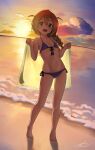  1girl :d baba_konomi bare_shoulders beach bikini blush braid brown_hair c_(theta) cloud commentary_request flat_chest front-tie_bikini_top front-tie_top full_body green_eyes hair_over_shoulder highres holding holding_towel horizon idolmaster idolmaster_million_live! long_hair looking_at_viewer navel ocean open_mouth outdoors sand short_hair side-tie_bikini_bottom single_braid sky smile solo standing stomach string_bikini sunset swimsuit towel two_side_up 