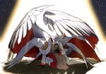  1boy 1girl angel_wings blonde_hair charlie_morningstar demon demon_boy demon_girl father_and_daughter feathered_wings hazbin_hotel highres kneeling lucifer_(hazbin_hotel) suit suzumori_521 white_suit wings 