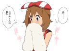  1girl blue_eyes blush brown_hair commentary_request covering_mouth hairband heartbeat may_(pokemon) natsunagi_takaki pokemon pokemon_(game) pokemon_oras red_tank_top solo tank_top towel translated upper_body wet 