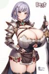  1girl armor armored_dress black_cape black_gloves braid breasts cape cleavage closed_mouth commentary_request curvy dress fingerless_gloves gloves grey_eyes highres holding holding_sword holding_weapon huge_breasts kannko_bokujou looking_at_viewer original plump purple_hair red_skirt short_hair simple_background skirt smile solo sword thighs weapon white_background white_dress 