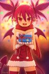  1girl absurdres box christmas cowboy_shot demon_girl demon_tail demon_wings disgaea dress earrings etna_(disgaea) gift gift_box gloves highres hiyumi_x holding holding_gift jewelry looking_at_viewer makai_senki_disgaea open_mouth pointy_ears red_dress red_eyes red_hair red_thighhighs santa_dress scarf smile solo tail thighhighs twintails wings 
