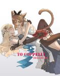  2girls absurdres animal_ears atelier_(series) atelier_ryza atelier_ryza_2 black_pantyhose blonde_hair blue_ribbon blush braid breasts brown_eyes brown_gloves brown_hair cat_ears cat_tail chinese_commentary commentary_request dated dress elbow_gloves fang flower french_braid gloves gold_choker gradient_background grey_background grey_dress hair_flower hair_ornament hand_on_another&#039;s_waist highres kemonomimi_mode klaudia_valentz long_hair lying medium_hair multiple_girls nipples on_back open_clothes open_mouth open_shirt pantyhose parted_lips red_skirt reisalin_stout ribbon shirt skirt small_breasts sweatdrop tail tuxiaoning_not white_background white_flower white_shirt yuri 