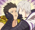  2boys bara black_hair brown_eyes couple gauntlets grey_hair hands_on_another&#039;s_face hood hood_down ishida_mitsunari_(sengoku_basara) jigoku_meguri looking_at_another male_focus multiple_boys muscular muscular_male open_mouth sengoku_basara short_hair tokugawa_ieyasu_(sengoku_basara) yaoi 