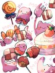  :o artist_name cake candy chewing chocolate closed_mouth commentary_request ditto food food_focus fork fruit hanabusaoekaki highres lollipop no_humans open_mouth pokemon pokemon_(creature) smile sparkle strawberry strawberry_cake transformed_ditto white_background 