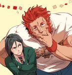  2boys black_hair blue_shorts bright_pupils broad_shoulders closed_mouth collared_shirt crossed_arms fate/zero fate_(series) fingernails green_jacket hair_between_eyes halorane hand_on_own_chin hand_on_own_hip iskandar_(fate) jacket leaning_forward long_sideburns looking_at_another male_focus multiple_boys muscular muscular_male necktie red_eyes red_hair red_wristband shirt short_hair shorts sideburns striped_necktie sweatdrop t-shirt thinking veins veiny_arms waver_velvet white_background white_pupils white_shirt 